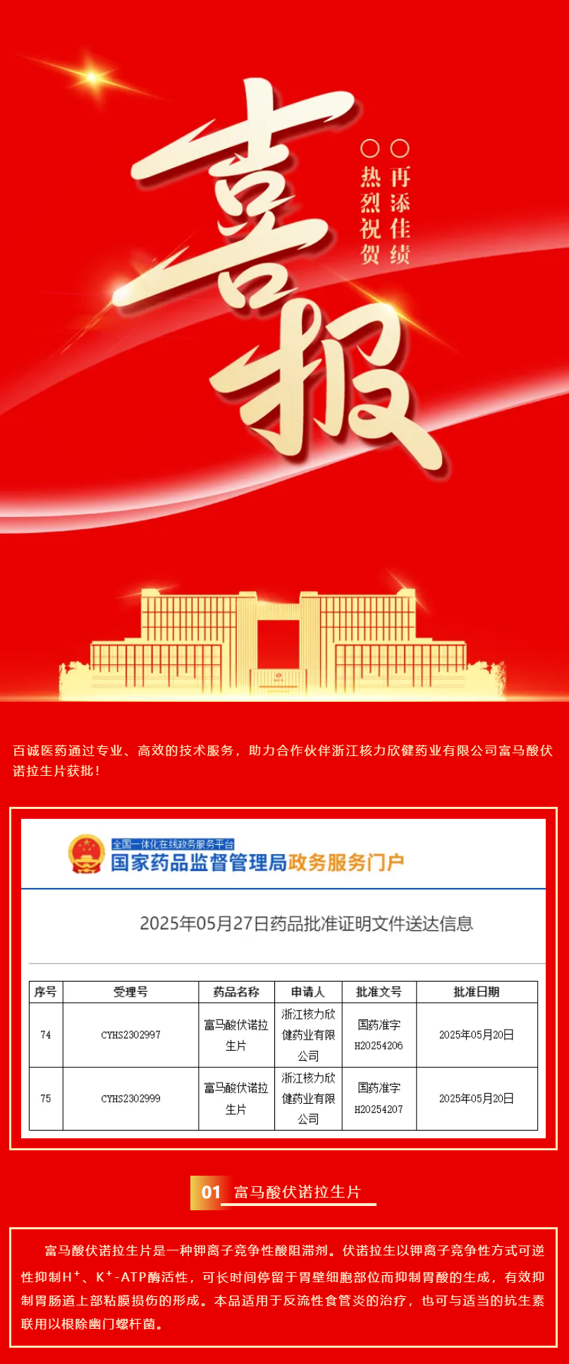 喜報(bào)！百誠醫(yī)藥助力合作伙伴富馬酸伏諾拉生片獲批！.png